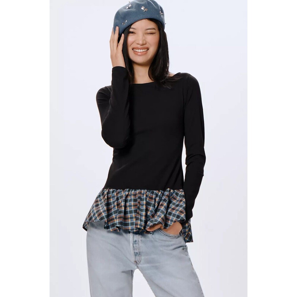 Maeve Long-Sleeve Peplum Top Anthropologie Plaid Printed Pullover Crew Neck Med